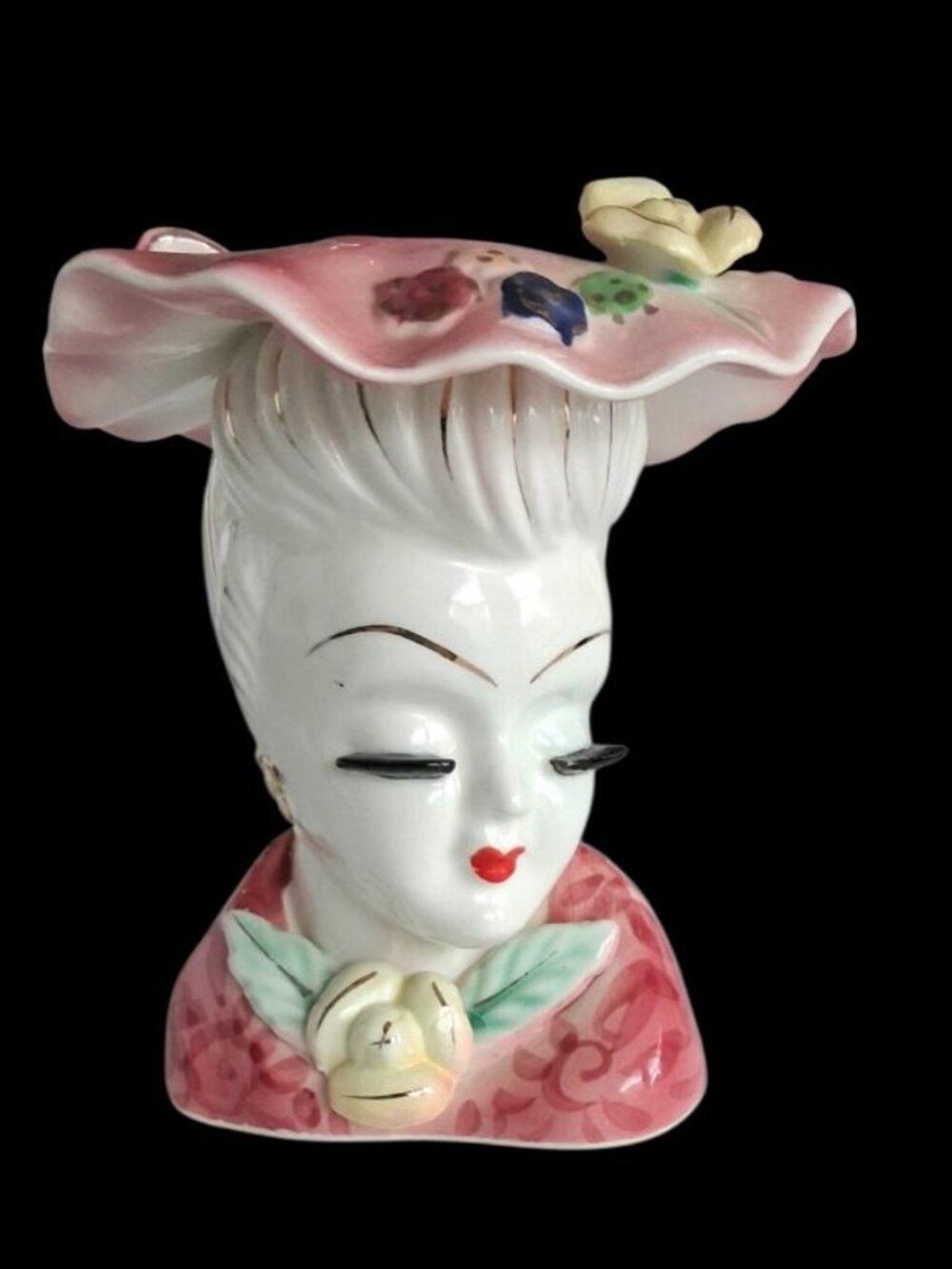 Vintage Glamour Girl Lady Head Vase 98 Made In Japan Pink Hat Dress